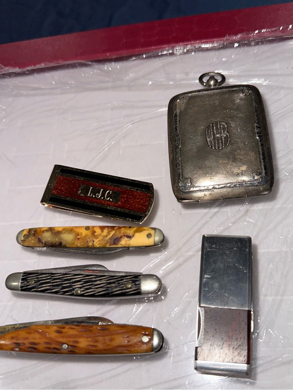 1930s-50s Sterling Silver Case w/ Real Wood Pocket knives Set